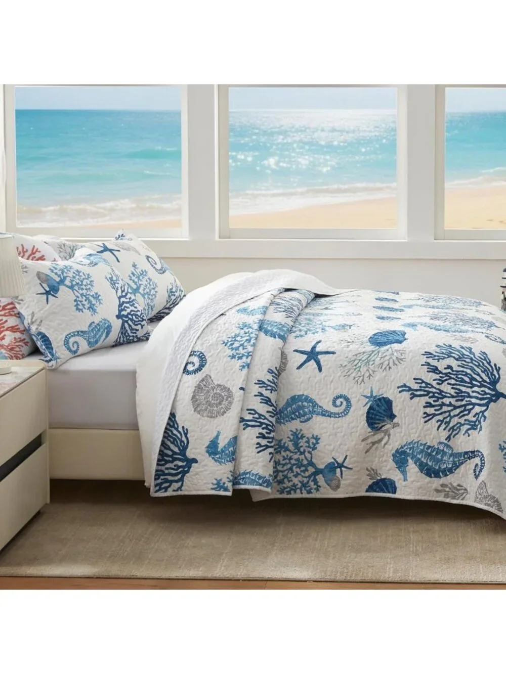 Coastal King Quilt Set - Lightweight Reversible Bedspread, Sea Blue, 2 Shams